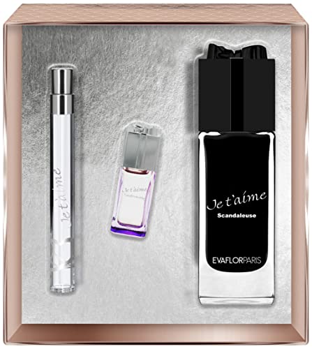 EVAFLORPARIS Je T'Aime Scandaleuse Coffret pour Femme Eau de Parfum 100 ml + Miniature 7,5 ml + Vapo de Sac 12 ml Vaporisateur Spray Cadeau Cover