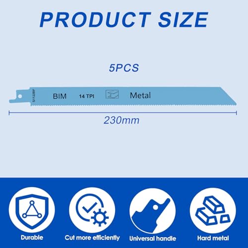 5 Pack Reciprocating Saw Blades, S1122BF 230mm 14TPI, Bi-Metal Reciprocating Saw Blades For Cutting Steel Pipes, Sheet Metal & Conduit – Fits Bosch Dewalt Ryobi Sabre Recip Saws 2 5 Pack Reciprocating Saw Blades, S1122BF 230mm 14TPI, Bi-Metal Reciprocating Saw Blades For Cutting Steel Pipes, Sheet Metal & Conduit – Fits Bosch Dewalt Ryobi Sabre Recip Saws - Image 2