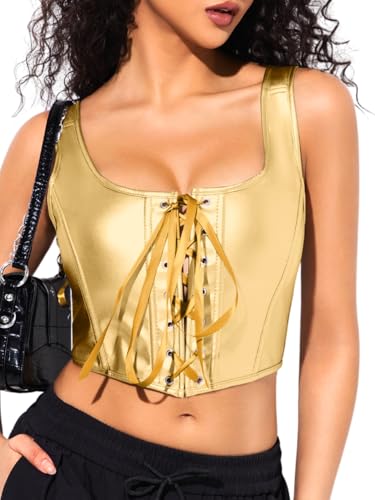 ChiaoLezhee Corset Corsets Top Tops For Women Womens Plus Size Renaissance Fair Faire Ren Lace Up Sexy Faux Leather Vintage Gold Medium