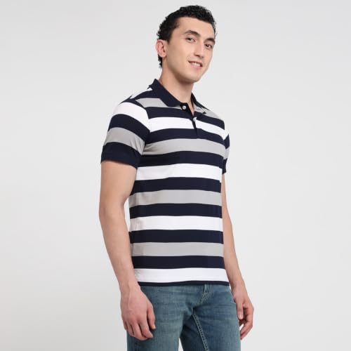 Image of Raymond Men Modern Fit Stripe Pattern Pure Cotton Polo Neck Half Sleeve Casual T-Shirt