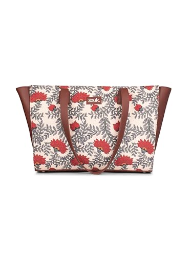 Image of ZOUK Nawabi Couture Floral Printed Women Jute Vegan Leather Space Blue Office Tote Bag for Ladies With Laptop Compartment