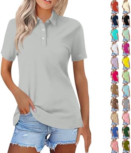HswsEJ Womens Polo Shirts Short Sleeve Side Slit Collared Henley Shirts Loose Fit V Neck Golf Shirt Plain Casual Tunic Tops