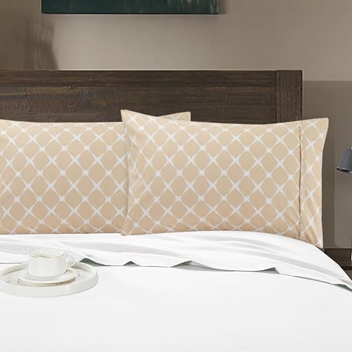 Image of Elegant Comfort Luxury Ultra-Soft 2-Piece Pillowcase Set - 1500 Premium Hotel Quality Microfiber Double Brushed - Wrinkle Resistant, King Size, Bloomingdale Pattern Cream