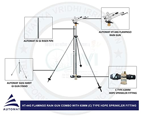Image of AUTOMAT 2 inch INCH RAINGUN Complete Set with HT44G Flamingo RAIN Gun, Complete Connector| 5FT (ISI) GI Riser Pipe| 3LEG Heavy Duty GI Stand (C Type Sprinkler Adapter Set, 63MM (2 inch INCH))