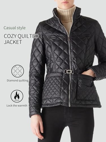 Bellivera Women Lightweight Coat Short Quilted Puffer Long Sleeve Belted Jacket Pockets2