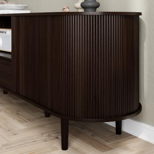 Image of DHH 71 inch Fluted TV Stand with Power Outlet for TVs up to 80 inch, TV Console with Adjustable Shelves and Sliding Door,Mid Century Modern Entertainment Center for Living Room,Bedroom (Dark Walnut)