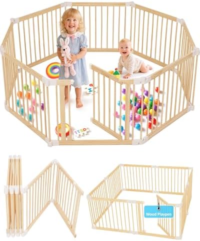 Foldable Wooden Baby Playpen Large Play Yard for Babies, 2 in1 New Mom Helper Portable Fence, Custom 25" Tall Wood Gate with Adjustable Size & Shape for Infants 3-16 Months -63x63x25 inch