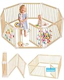 CONKKA Foldable Wooden Baby Playpen Large Play Yard for...