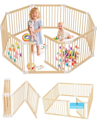CONKKA Foldable Wooden Baby Playpen Large Play Yard for Babies,