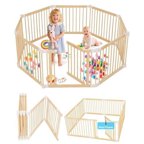 CONKKA Foldable Wooden Baby Playpen Large Play Yard for Babies, 2-in-1 New Mom Helper Portable Fence, 25" Tall Custom Wood Gate with Adjustable Size & Shape for Infants 3-18 Months -63x63x25 inch