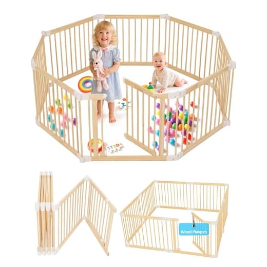 CONKKA Foldable Wooden Baby Playpen Large Play Yard for Babies, 2-in-1 New Mom Helper Portable Fence, 25" Tall Custom Wood Gate with Adjustable Size & Shape for Infants 3-18 Months -63x63x25 inch