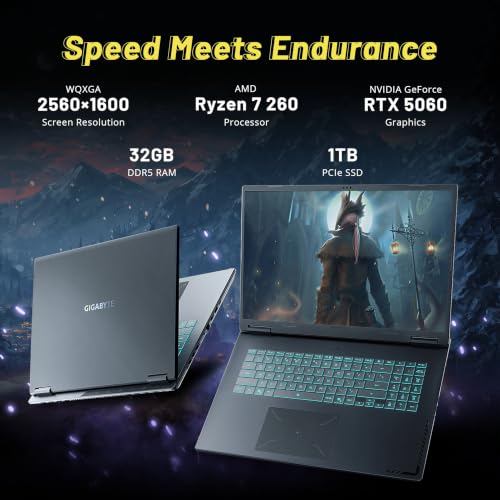 Image of GIGABYTE A18 3VH 18 inch WQXGA 165Hz Gaming Laptop, AMD Ryzen 7 260, NVIDIA GeForce RTX 5060 8GB GDDR7, 32GB DDR5, 2TB Storage (1TB+1TB Dock), 1-zone RGB Backlit Keyboard, FHD IR Camera, Win 11 Pro, Black