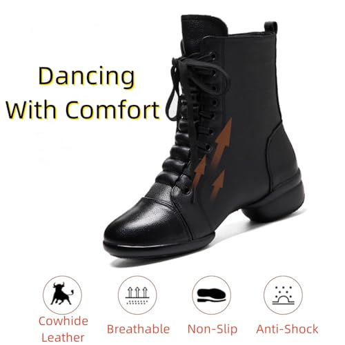 Amtopiyo Women's Genuine Leather Jazz Dancing Ankle Boots Split Sole Lace-Up & Side Zipper Dance Shoes2