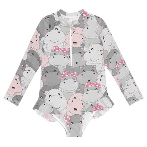 susiyo Cute Baby Hippo Girls Long Sleeve One Piece Swimsuits Rash Guard Bathing Suit UPF 50+ Zipper Girl Swimwear