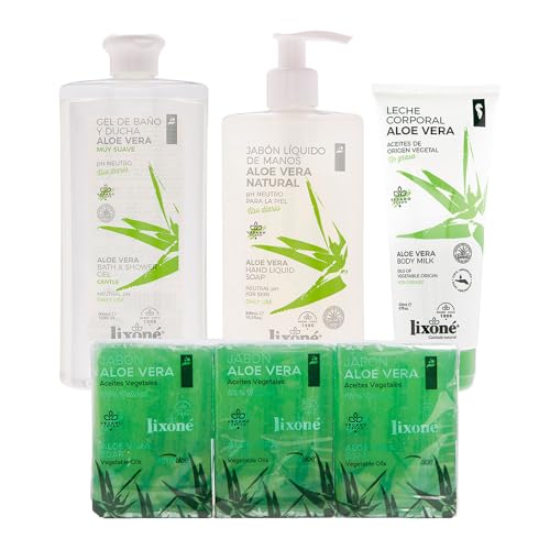 LIXONÉ - Pack de Cuidado Corporal Aloe Vera | Gel de Ducha 500 ML + Jabón Líquido 300 ML + Jabón Pack 3 Unidades + Leche Corporal Hidratante 200 ML