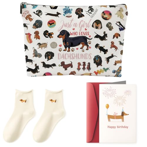 ZVBRSKM 3er Set Dackel Geschenke, Dachshund Inklusive Dackel Socken, Make-up-Taschen und Karten, Deko Und Dachshund Kuscheltier Für Tierliebhaber, Ideal Als Geschenk