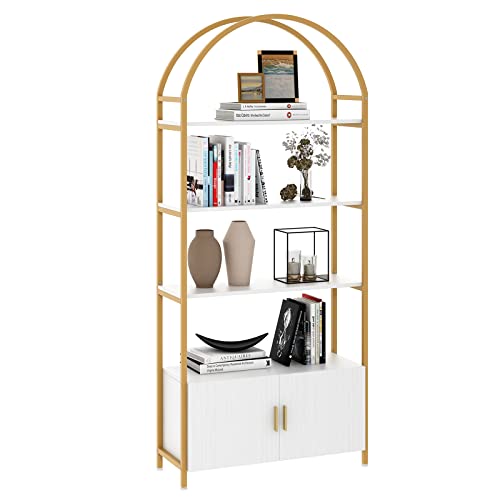 Jehiatek Gold Bookshelf, Arched Bookcase with Doors Storage, 71" Tall Industrial Book Shelf with Sturdy Metal Frame, E1 Quality Boards, Freestanding Display Shelving Unit, White and Gold