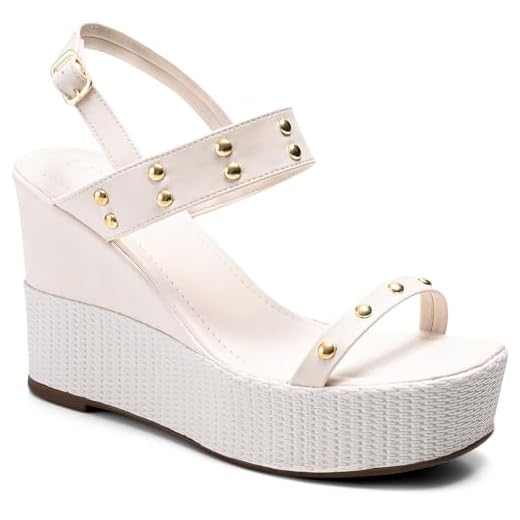 Sandália Feminina Anabela Plataforma Alta Confortável Juta Tachas offwhite38