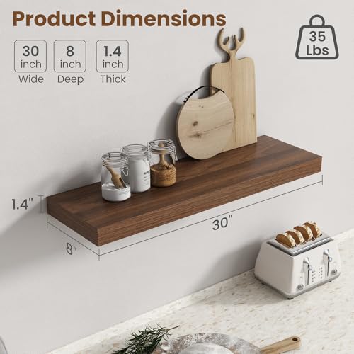 Image of 30 Inch Floating Shelves for Wall, 8 Inch Deep Floating Shelf for Storage & Display, Rustic Wall Mounted Shelf with Invisible Brackets for Living Room, Kitchen, Bathroom, Home Decor, Set of 2, Walnut