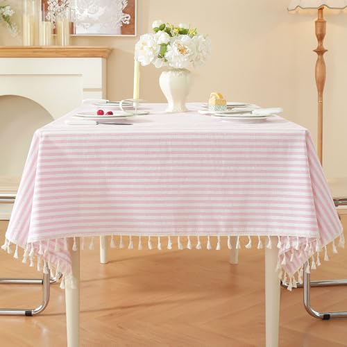 meioro Gestreifte Tischdecke Rechteckige Tischtuch mit Quasten, Abwaschbare Tischdecken Dekorative Tischwäsche für Küche, Esszimmer und Tabletop (Rosa/Weiße Streifen,100x140cm)