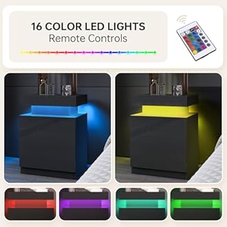 oneinmil LED Nightstands Set of 2, Night Stand with Storage Cabinet for Bedroom, Bedside Table with LED Lights, Modern End Side Table, Black