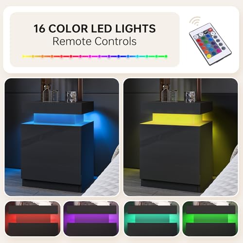 oneinmil LED Nightstands Set of 2, Night Stand with Storage Cabinet for Bedroom, Bedside Table with LED Lights, Modern End Side Table, Black