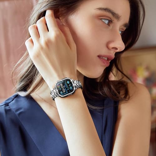 Image of SUPOIX for Apple Watch Band 49mm + Case, Bling Bands for Women (Black) | Shiny Metal Bands & 2 Pack Protective Cover Cases for iWatch Ultra 49mm