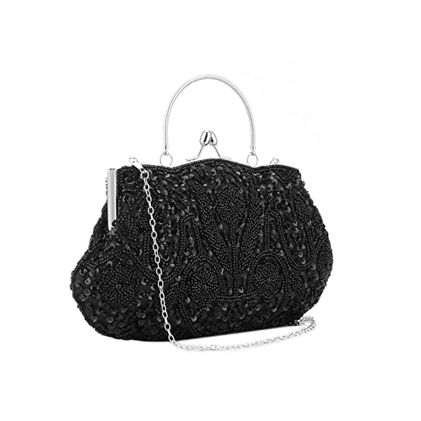 Vistatroy Floral Designer Evening Bag Beaded Sequin Design Vintage Kissing Lock Satin Clutch Purse Bag Wedding Party Clutch, Black, One Size - Image 3
