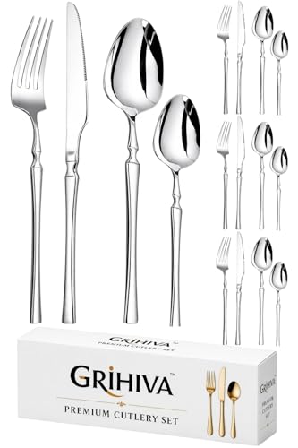 Image of 16 Pcs Silver Slim Handle Stainless Steel Cutlery Set for Dining Table with Spoons and Forks Set + Butterknives - The Perfect Tableware /Flatware