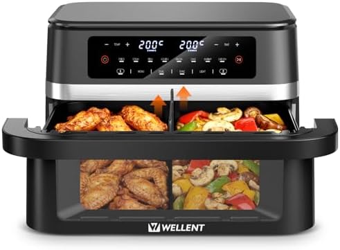 WELLENT 12L Dual Zone Airfryer XXL - 2950W Heißluftfritteuse 2 Kammern(6+6L) - Heissluftfritteuse Doppelkammer mit Sichtfenster, Match & Sync-Funktion, Schüttel-Erinnerung, Spülmas