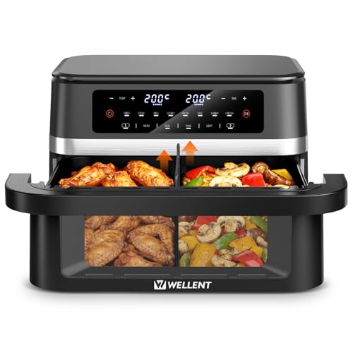 WELLENT 12L Dual Zone Airfryer XXL - 2950W Heißluftfritteuse 2 Kammern(6+6L) - Heissluftfritteuse Doppelkammer mit Sichtfenster Match & Sync-Funktion Schüttel-Erinnerung Spülmaschinenfest
