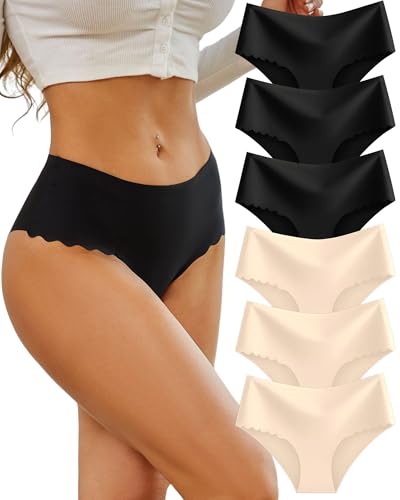 Image of Sth Big High Waisted Seamless Underwear for Women No Show Panties Cheeky Scalloped Edge Bikini Breathable Briefs 6 Pack