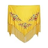 Carnavalife Mantón con Bordados de Sevillana para Fiesta de Baile, Flamenco y Ferias, Color Negro Rojo y Blanco (Amarillo, Pequeño)