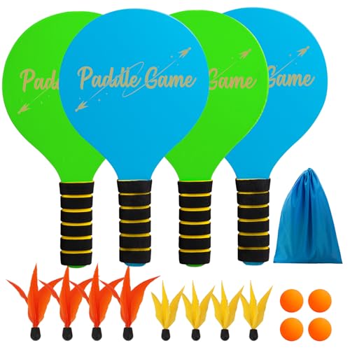 U&C Planet Beachball Set Paddle Ball Spiel Strandschlägerset aus Holz Schläger Spiel für Kinder&Familie 4 Schläger 4 Bälle und 8 Birdies Spielzeug für Garten Strand Party (Hellgrün und Blau)