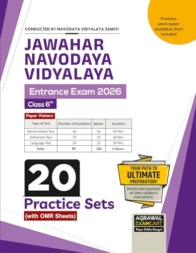 Image of Examcart Jawahar Navodaya Vidyalaya (JNV) Class 6 Entrance Exam 2027 Book | 20 Practice Sets with OMR Sheets | Based on JNVST Syllabus & Paper Pattern (English)