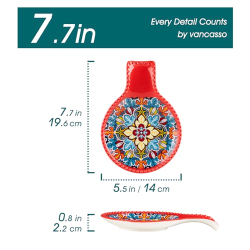 Image of vancasso 7.7 Inch Ceramic Spoon Rest, Bohemian Stove Top, Red | Holds Spoons, Spatulas, Ladles, and Tongs, Bohemian Design, Stove Top and Countertop, Dishwasher and Microwave Safe Ceramic