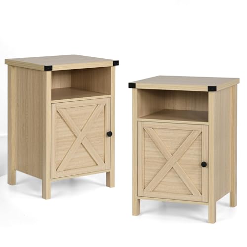 Farmhouse End Table, Nightstand, End Tables with Barn Door and Shelf, Modern Bed Side Table Rustic Nightstands Set for Bedroom, Living Room, Set of 2, Natural