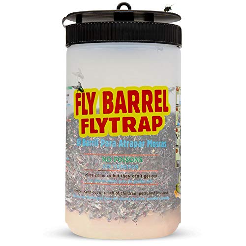 Flies Be GoneBarrel Fly Trap 6pk - Reusable Container with Patent Pending Screw Lid - Suspension Strap – Non-Toxic, Poison and Pesticides Free KM34 Fly