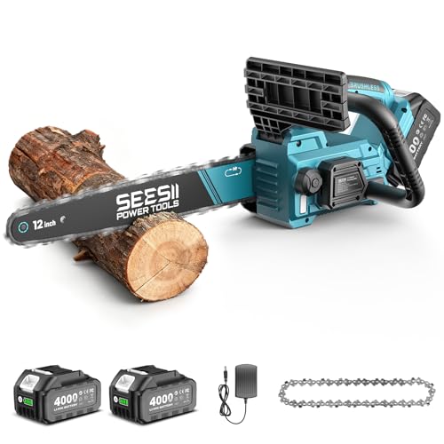 Seesii - SEESII Electric Chainsaw 12 Inch: Top Handle Chainsaw with 2PC 4000mAh Batteries & Auto Oiler & Brushless Motor & Tool-Free Chain Adjustment: Battery Chain Saw for Garden Wood Cutting Logging (CH1200)