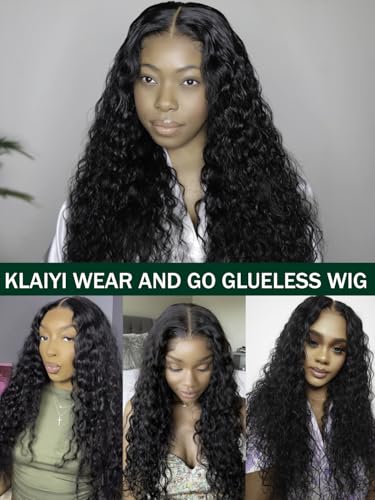 Image of KLAIYI Bye Bye Knots Glueless Wig Pre Cut Water Wave HD Lace Front Wigs Human Hair Pre Bleached Pre Plucked Ready to Go Wigs for Women 30S Easy to Wear Put On and Go Curly Wig Beginner Friendly 20Inch
