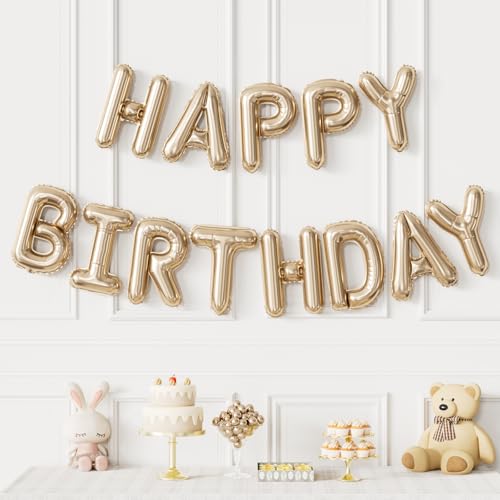 Image of Champagne Gold Happy Birthday Balloon Banner, 16-Inch Foil Letter Balloons, Elegant Birthday Decorations for Women Girls, Adult Birthday Party Photo Backdrop
