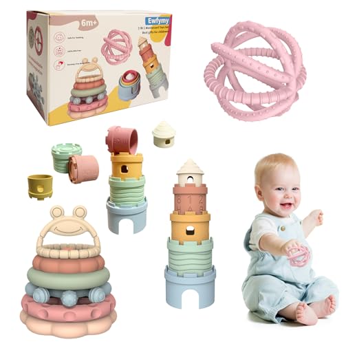 Image of Ewfymy Stacking toys Teething Set: Stacking cups and rings for babies 6-12 months Silicone Baby Teethers Learning Toys Safe food-Grade Silicone