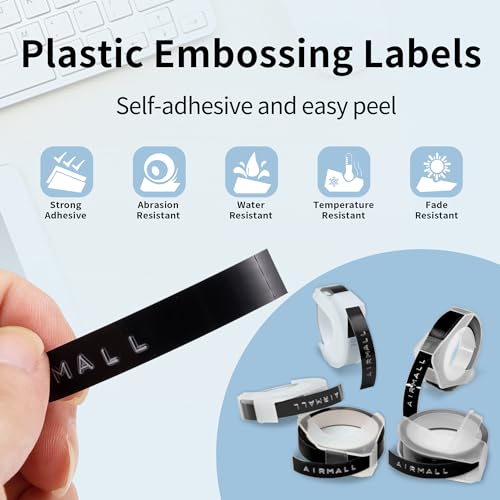 Prägegerät Etiketten kompatibel mit Dymo Prägeband 9mm Schwarz, kompatibel mit Selbstklebendes Dymo Omega Etikettenband Schwarz, für 3D Schriftbänder für Omega Junior Prägegerät, 5 Rollen