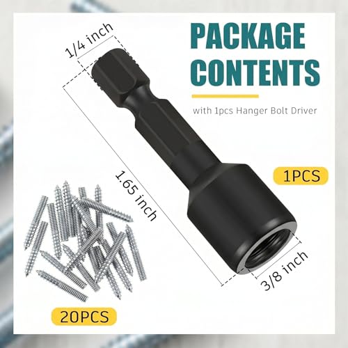 Image of Hicarer 20 Pack 3 /8-16 x 2 Inch Hanger Bolts Double Headed Bolts with Driver Self Tapping Screw Threaded Rod Screws for Furniture Double Headed for Wood Furniture Joint