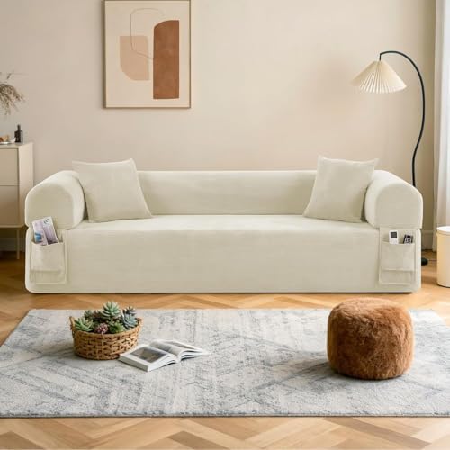 BMMB Sofá moderno de tres plazas (83 pulgadas), sofá de pana sin marco con 2 cojines y 2 pufs, no requiere montaje, adecuado para salón o dormitorio (beige)