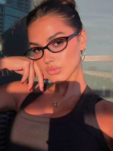 Image of GUVIVI Retro Oval Sunglasses for Women Chic Cat Eye 90s Sunnies Lightweight Narrow Shades Trendy UV protection Sun Glasses