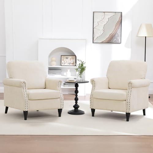 Image of Accent Chair Set of 2 for Living Room Modern Mid Century Reading Chair Armchair High Back Upholstered Armchair with Wooden Legs for Living Room Bedroom Office Beige