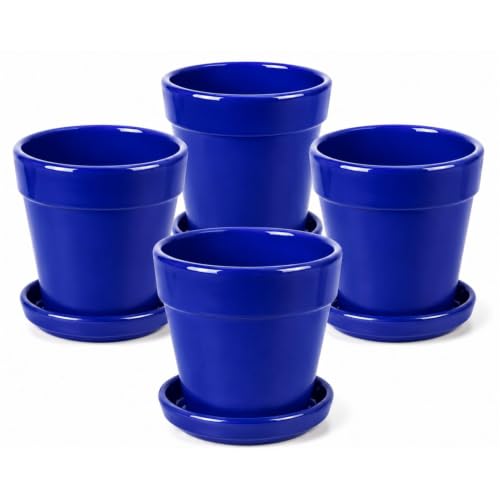 Maceta cerámica azul con plato Pack de 4, macetero esmaltado para plantas de interior y exterior, tiesto decorativo para flores, cactus y suculentas, ideal para balcón, terraza, cocina y hogar