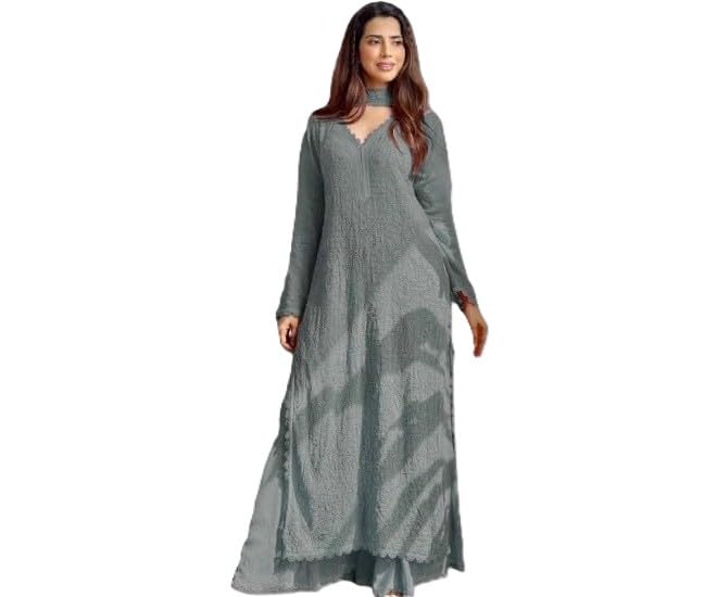 Image of Women's Chikankari Embroidered 3 Piece Suit Set in Faux Georgette - Long Gown Style Kurta with Lining with Dupatta