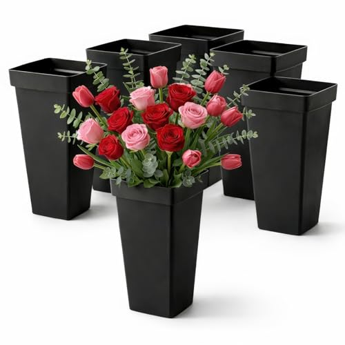 Kingrol 6 Pack Flower Buckets for Arrangements Tall Plastic Floral Containers for Wedding Centerpieces Florist Buckets Bulk Modern Square Vase 13.25 Black